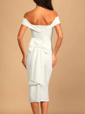 Off The Shoulder Sleeveless White Engagement Dress Backless Polyester Tea Length Dress_3