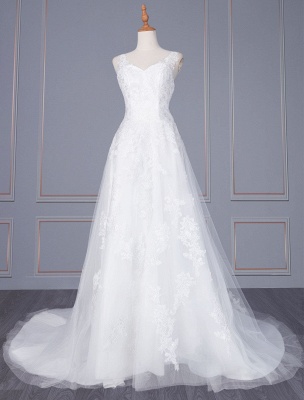 White A-line Wedding Dresses With Train Sleeveless Lace Tulle V-Neck Long Bridal Gowns_1