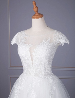 Ivory A-line Wedding Dresses With Train Short Sleeves Lace Tulle V-Neck Long Bridal Gowns_4