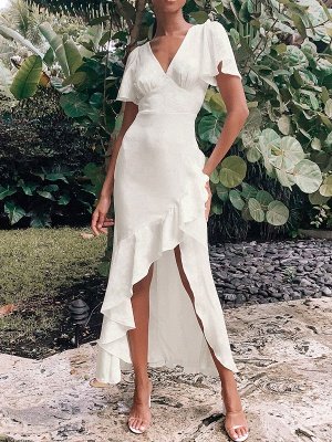 Modest White V Neck Wedding Dress Short Sleeves  Ankle Length A Line Lace Engagement Dress_1