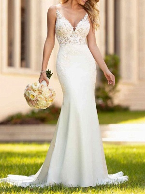 Weißes einfaches Hochzeitskleid Meerjungfrau V-Ausschnitt ärmelloses rückenfreies natürliches Taillen-Spitze-Brautkleid_5