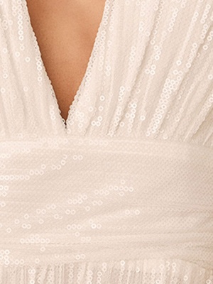 Robe de mariée blanche sans manches à col en V Longueur au sol Robe de fiançailles à paillettes_5