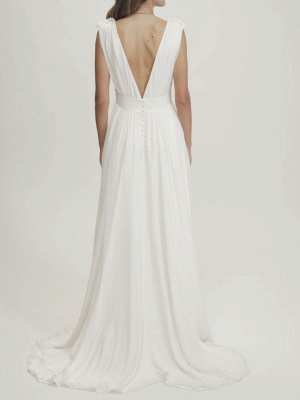 Ivory Simple Wedding Dress Chiffon V-Neck Sleeveless Backless Long A-Line Bridal Dresses_3