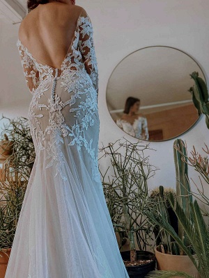 Eric White Wedding Dress Illusion Neckline Long Sleeves Backless Natural Waist Lace With Train Long Bridal Mermaid Dress_6