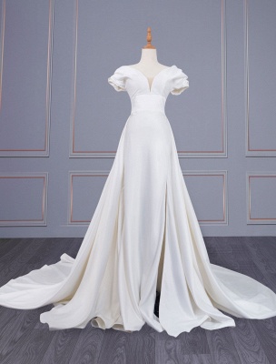 Ivory Simple Wedding Dress Satin Fabric V-Neck Short Sleeves Backless A-Line Long Bridal Dresses_3