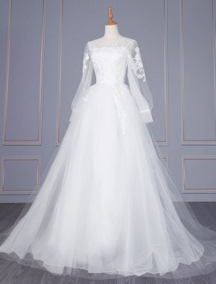 White Simple Wedding Dress Jewel Neck Long Sleeves Lace Tulle Long A-Line Bridal Dresses_1