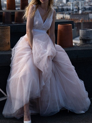 Pink Simple Wedding Dress Tulle V-Neck Sleeveless A-Line Bridal Dresses_2