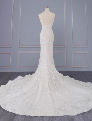 Ivory Wedding Dresses With Train Sleeveless Backless Lace Square Neck Long Bridal Gowns_3