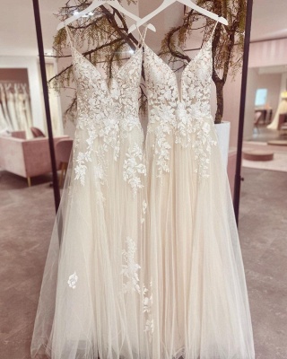 Robes de mariée élégantes en dentelle de tulle bretelles spaghetti avec appliques florales_5