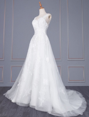 White A-line Wedding Dresses With Train Sleeveless Lace Tulle V-Neck Long Bridal Gowns_2