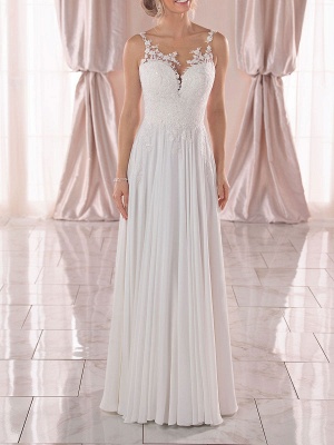 White Simple Wedding Dress A-Line V-Neck Sleeveless Backless Long Lace Bridal Gowns_1