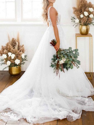 Robe de mariée blanche simple col en V sans manches dos nu taille naturelle dentelle A-ligne robes de mariée_1