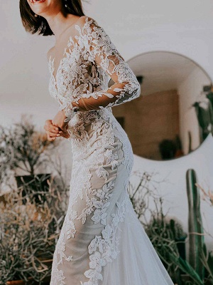 Eric White Wedding Dress Illusion Neckline Long Sleeves Backless Natural Waist Lace With Train Long Bridal Mermaid Dress_3