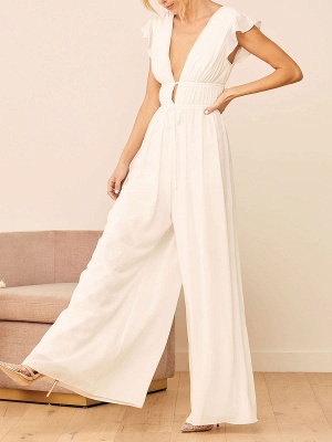 V Neck Short Sleeves White Bridal Dress  Backless Floor Length Polyester Engagement Dress_2