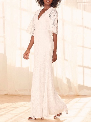 V Neck Half Sleeves White Engagement Dress Floor Length A Line Lace Dress for Wedding_2
