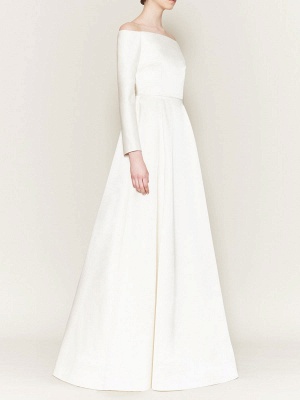 Bateau Neck Ivory Simple A-Line Wedding Dress Satin Long Sleeves Bridal Gowns_3
