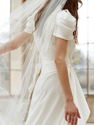 Ivory Simple Wedding Dress Satin Fabric V Neck Short Sleeves A Line Bridal Dresses_4
