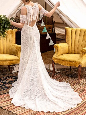White Simple Wedding Dress With Train Mermaid V-Neck Short Sleeves Backless Long Lace Bridal Dresses_2