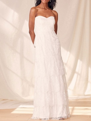 Weißes trägerloses ärmelloses Hochzeitskleid rückenfreies bodenlanges Spitzen-Verlobungskleid_1
