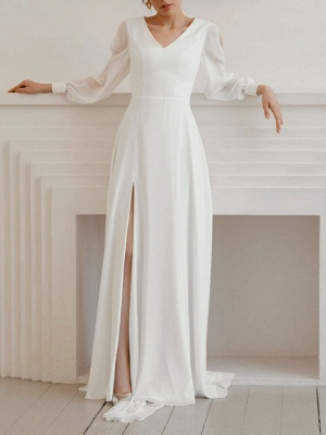 Robe de mariée simple blanche avec train une ligne col en V manches longues fendue devant en mousseline de soie robes de mariée_3