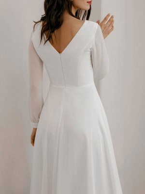 Robe de mariée blanche A-ligne simple col bijou manches longues cheville longueur fermeture éclair en mousseline de soie robes de mariée_9