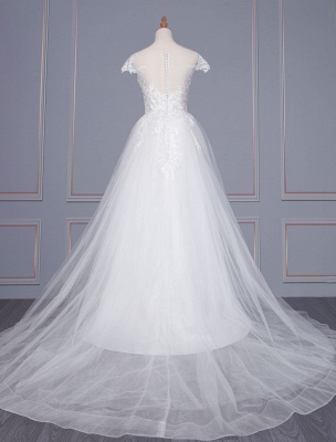 Ivory A-line Wedding Dresses With Train Short Sleeves Lace Tulle V-Neck Long Bridal Gowns_3