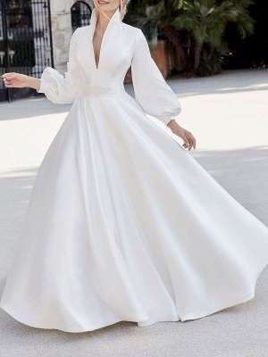 Ivory Intage Bridal Dress With Train V Neck Puffy Long Sleeves Backless Satin Wedding Dress_1