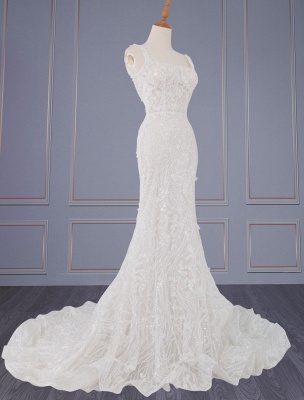 Ivory Wedding Dresses With Train Sleeveless Backless Lace Square Neck Long Bridal Gowns_2