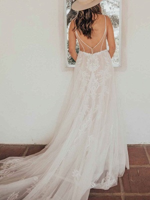 Weißes einfaches Hochzeitskleid Polyester V-Ausschnitt ärmellose rückenfreie Spitze A-Linie lange Brautkleider_2