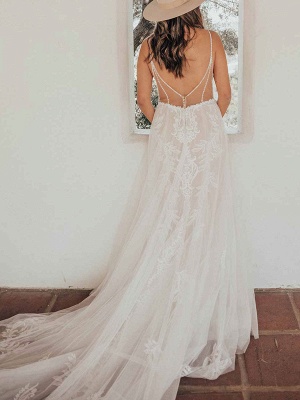 Vestido de novia blanco simple Poliéster Escote en V Sin mangas Sin espalda Encaje Una línea Vestidos de novia largos_2