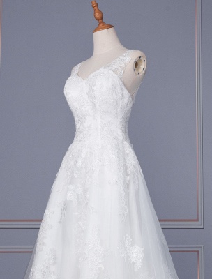 White A-line Wedding Dresses With Train Sleeveless Lace Tulle V-Neck Long Bridal Gowns_3