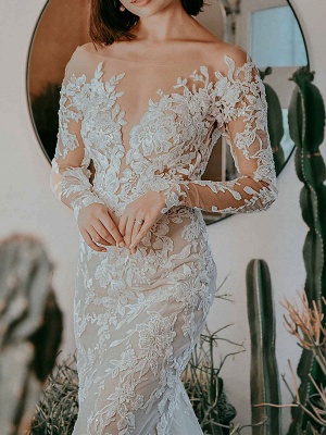 Eric White Wedding Dress Illusion Neckline Long Sleeves Backless Natural Waist Lace With Train Long Bridal Mermaid Dress_4