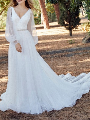 Robe de mariée blanche simple dentelle col en V manches longues dentelle A-ligne dentelle robes de mariée en mousseline de soie_2