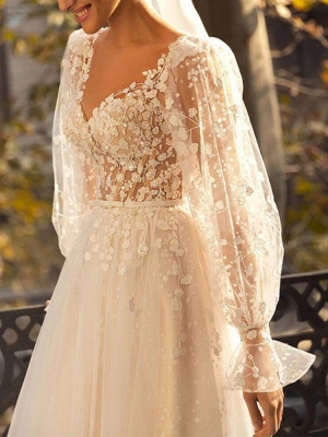 White Simple Wedding Dress With Train A-Line V-Neck Natural Waist Long Sleeves Lace Bridal Dresses_4