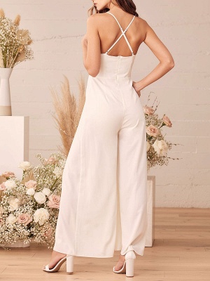 White Engagement Dress V Neck Sleeveless Backless Natural Waist Ankle Length Polyester Engagement Dress_5