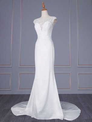 Weißes einfaches Hochzeitskleid Mantel Illusion Ausschnitt ärmellose natürliche Taille Spitze Brautkleider_1