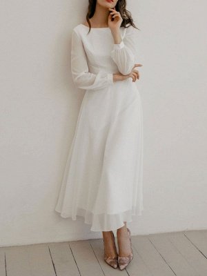 Weißes A-Linie Einfaches Hochzeitskleid Jewel Neck Lange Ärmel Knöchellanger Reißverschluss Chiffon Brautkleider_6