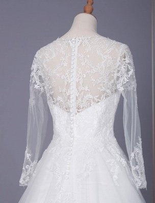 Una línea de cuello en V blanco simple vestido de novia de manga larga de encaje Tull vestidos de novia_5