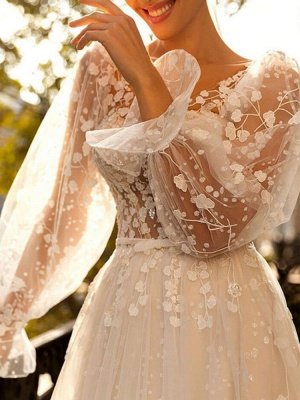 Robe de mariée simple blanche avec train A-ligne col en V taille naturelle manches longues en dentelle robes de mariée_3