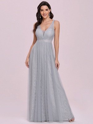 Light Grey A-Line Sleeveless Prom Dress V-Neck Sash Lace Tulle Floor-Length Evening Dresses