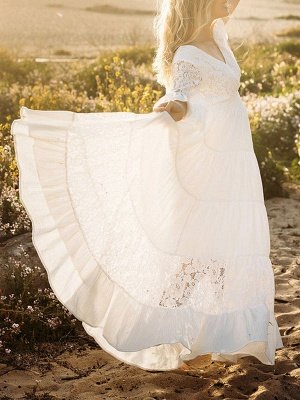 White Boho Wedding Dress V-neck 3/4-Length Sleeve Natural Waist Lace A-Line Floor Length Bridal Wedding Gowns_4