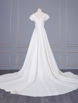 Ivory Simple Wedding Dress Satin Fabric V-Neck Short Sleeves Backless A-Line Long Bridal Dresses_4