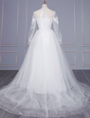 Weißes einfaches Hochzeitskleid Jewel Neck Long Sleeves Lace Tüll Lange A-Linie Brautkleider_3