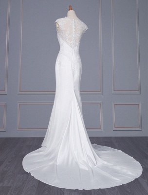 Weißes einfaches Hochzeitskleid Mantel Illusion Ausschnitt ärmellose natürliche Taille Spitze Brautkleider_3