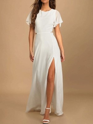 White Jewel Neck Engagement Dress Short Sleeves Natural Waist Floor Length Wedding Party Dress with Split_2