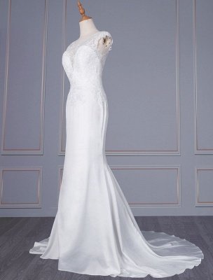 Weißes einfaches Hochzeitskleid Mantel Illusion Ausschnitt ärmellose natürliche Taille Spitze Brautkleider_2