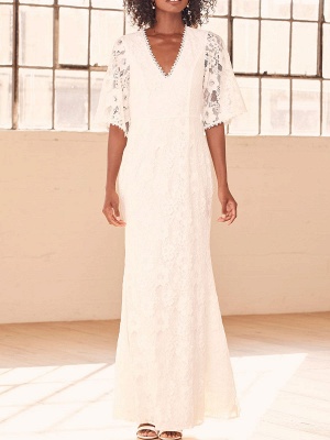 V Neck Half Sleeves White Engagement Dress Floor Length A Line Lace Dress for Wedding_1