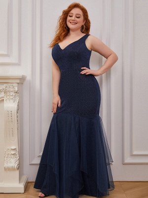 Meerjungfrau V-Ausschnitt Blau Abendkleid Ärmellos Rückenfreies Maxi Partykleider Abendkleid_5