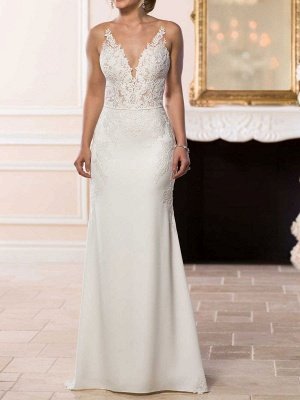 White Simple Wedding Dress Mermaid V-Neck Sleeveless Backless Natural Waist Lace Bridal Gowns_1