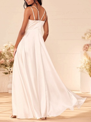 White V Neck Sleeveless Engagement Dress Natural Waist Floor Length A Line Satin Fabric Engagement Dress_3